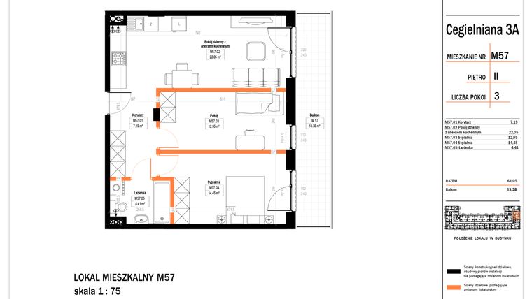 Rzut - Mieszkanie na sprzedaż 3 pokoje o powierzchni 61,05 m² - numer 57 w Osiedle StaLove etap II