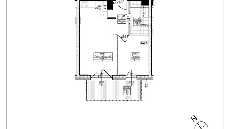 Rzut - Mieszkanie na sprzedaż 2 pokoje o powierzchni 41,08 m² - numer A1.7 w Osiedle Zielone bud. A1, B8