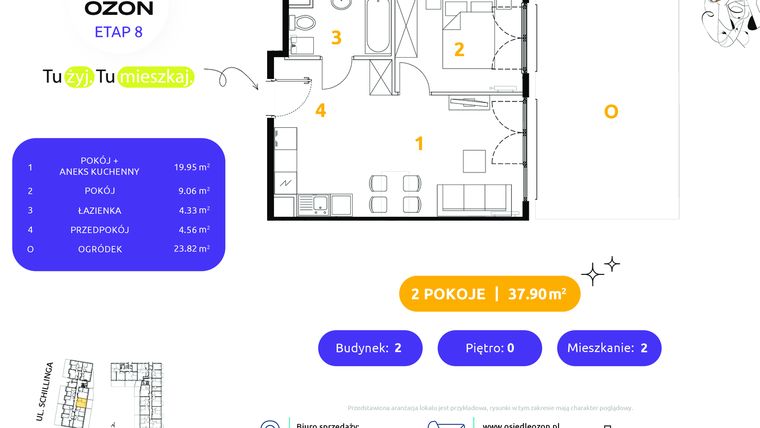 Rzut - Mieszkanie na sprzedaż 2 pokoje o powierzchni 37,9 m² - numer 2.2 w Osiedle Ozon etap VIII