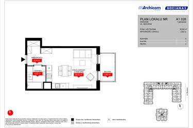 Rzut - Mieszkanie na sprzedaż 1 pokój o powierzchni 32,92 m² - numer A1 026 w Osiedle Bociana 5