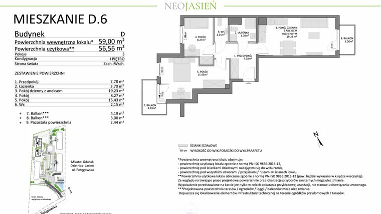 Rzut - Mieszkanie na sprzedaż 3 pokoje o powierzchni 56,56 m² - numer D6 w Neo Jasień etap II