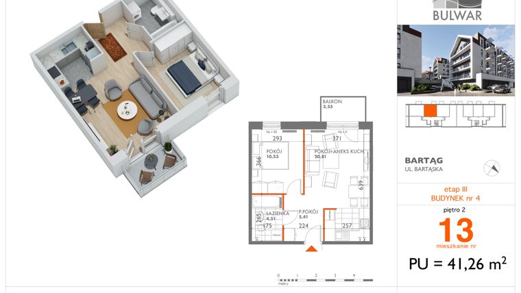 Rzut - Mieszkanie na sprzedaż 2 pokoje o powierzchni 41,26 m² - numer 13 w Osiedle Bulwar bud. 4
