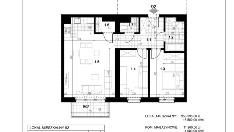 Rzut - Mieszkanie na sprzedaż 3 pokoje o powierzchni 70,77 m² - numer C.92 w Przewóz 4