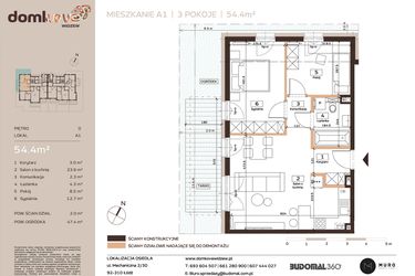 Rzut - Mieszkanie na sprzedaż 3 pokoje o powierzchni 54,4 m² - numer A1 w Domkove Widzew