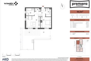 Rzut - Mieszkanie na sprzedaż 3 pokoje o powierzchni 56,5 m² - numer B.04 w Premiera Bemowo