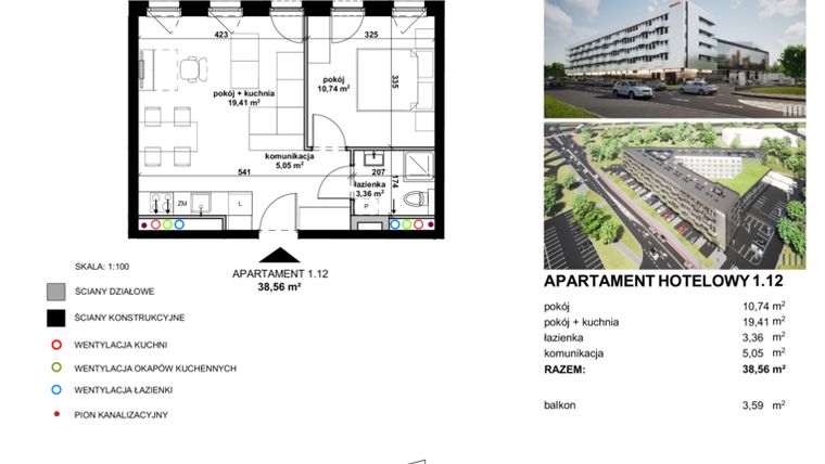 Rzut - Mieszkanie na sprzedaż 2 pokoje o powierzchni 48,22 m² - numer 1.12 w Apartamentowiec Zwycięska 3 - inwestycyjne