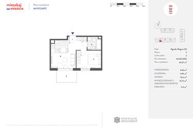 Rzut - Mieszkanie na sprzedaż 2 pokoje o powierzchni 34,18 m² - numer A4.102.M02 w Mieszkaj w mieście - Ogrody Glogera