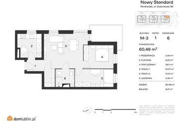 Rzut - Mieszkanie na sprzedaż 3 pokoje o powierzchni 60,49 m² - numer M3.6 w Nowy Standard