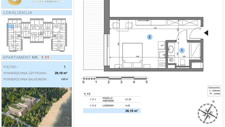 Rzut - Mieszkanie na sprzedaż 1 pokój o powierzchni 26,1 m² - numer 1.11 w Ustronie Luxury Apartments