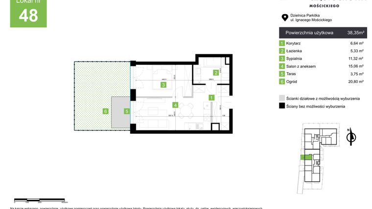 Rzut - Mieszkanie na sprzedaż 2 pokoje o powierzchni 38,35 m² - numer M48 w Nowa Częstochowa Mościckiego