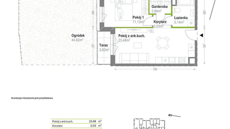 Rzut - Mieszkanie na sprzedaż 2 pokoje o powierzchni 44,62 m² - numer B.A.0.06 w Głębocka Vita