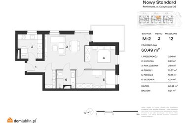 Rzut - Mieszkanie na sprzedaż 3 pokoje o powierzchni 60,49 m² - numer M2.12 w Nowy Standard