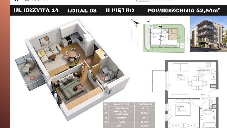 Rzut - Mieszkanie na sprzedaż 2 pokoje o powierzchni 42,54 m² - numer M8 w Stacja Krzywa