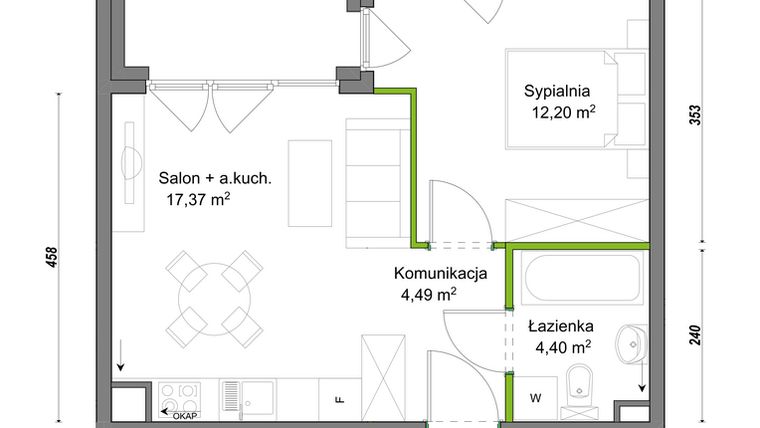 Rzut - Mieszkanie na sprzedaż 2 pokoje o powierzchni 38,46 m² - numer E1/C/04 w Orawska Vita