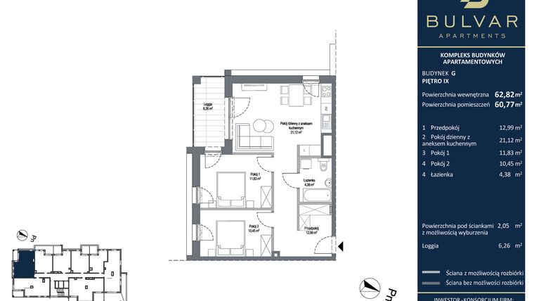 Rzut - Mieszkanie na sprzedaż 3 pokoje o powierzchni 62,92 m² - numer G.10.74 w Bulvar Apartments - etap I