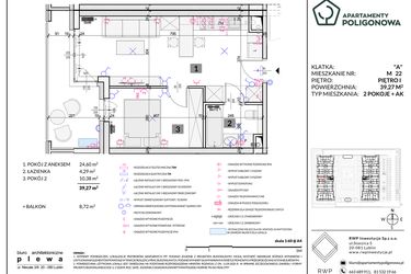 Rzut - Mieszkanie na sprzedaż 2 pokoje o powierzchni 39,27 m² - numer 22 w Apartamenty Poligonowa etap 5
