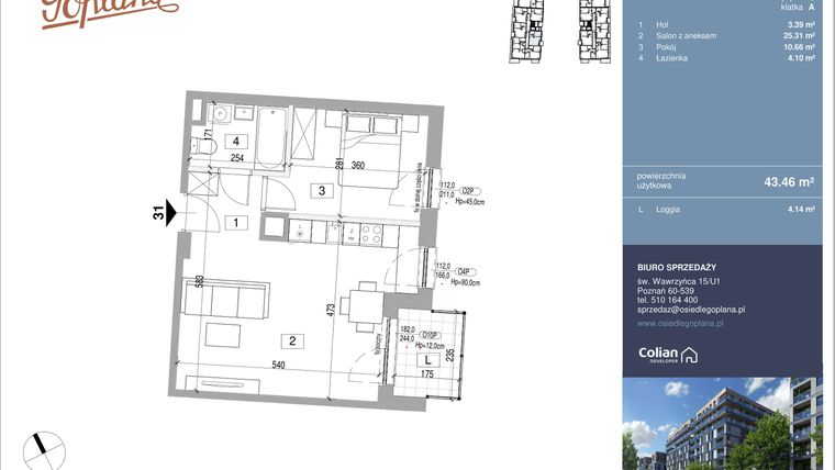 Rzut - Mieszkanie na sprzedaż 2 pokoje o powierzchni 43,46 m² - numer F31 w Goplana budynek F