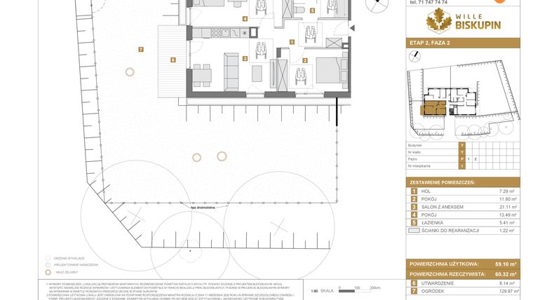 Rzut - Mieszkanie na sprzedaż 3 pokoje o powierzchni 59,1 m² - numer Y/1 w Wille Biskupin Etap 2.2