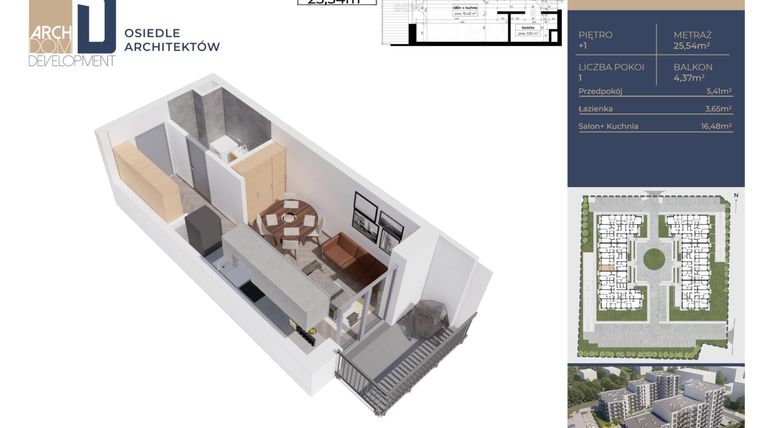 Rzut - Mieszkanie na sprzedaż 1 pokój o powierzchni 25,54 m² - numer A2.1.M62 w Osiedle Architektów