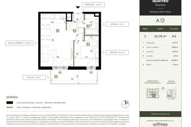 Rzut - Mieszkanie na sprzedaż 2 pokoje o powierzchni 36,08 m² - numer A12 w Quattro Ursynów