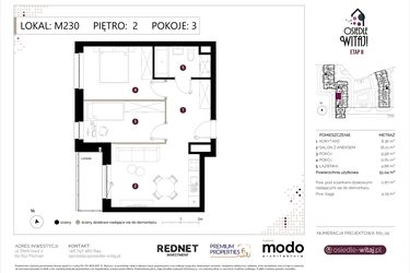 Rzut - Mieszkanie na sprzedaż 3 pokoje o powierzchni 51,91 m² - numer M230 w Osiedle Witaj etap II