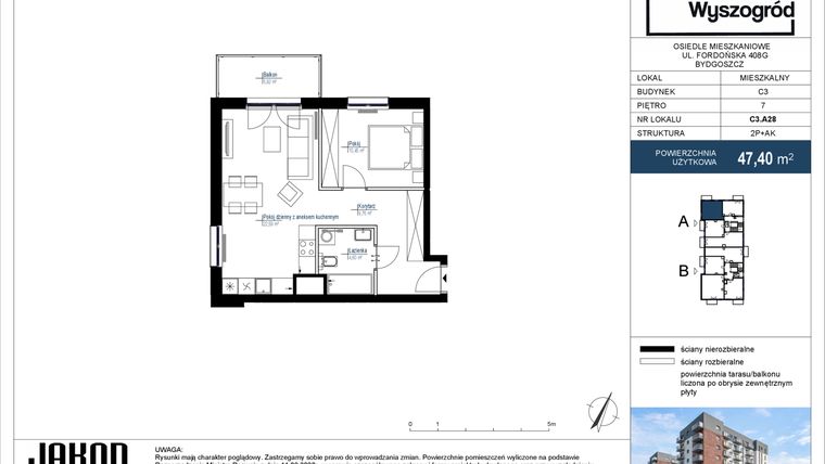 Rzut - Mieszkanie na sprzedaż 2 pokoje o powierzchni 47,4 m² - numer C3.A28 w Nowy Wyszogród etap III
