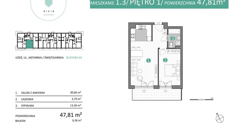 Rzut - Mieszkanie na sprzedaż 2 pokoje o powierzchni 47,81 m² - numer 03.1.3 w Port Jastarnia bud. 02, 03