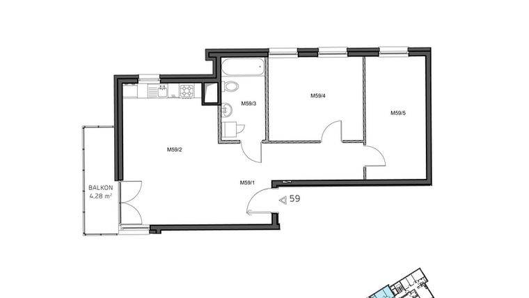 Rzut - Mieszkanie na sprzedaż 3 pokoje o powierzchni 62,86 m² - numer 59 w Wzgórze Krzemionki II