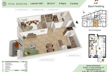 Rzut - Mieszkanie na sprzedaż 2 pokoje o powierzchni 56,01 m² - numer B1.M21 w Tutaj Bunscha