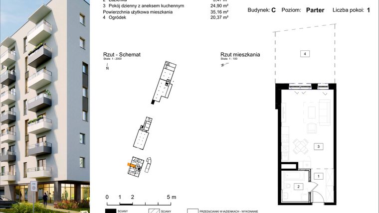 Rzut - Mieszkanie na sprzedaż 1 pokój o powierzchni 35,16 m² - numer C.4 w Osiedle Kochanowskiego - Gliwice