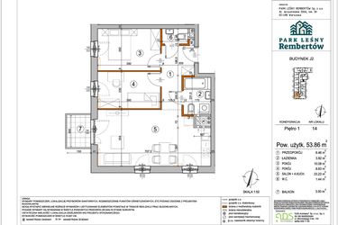 Rzut - Mieszkanie na sprzedaż 3 pokoje o powierzchni 53,86 m² - numer J2-14 w Park Leśny Rembertów etap VIII