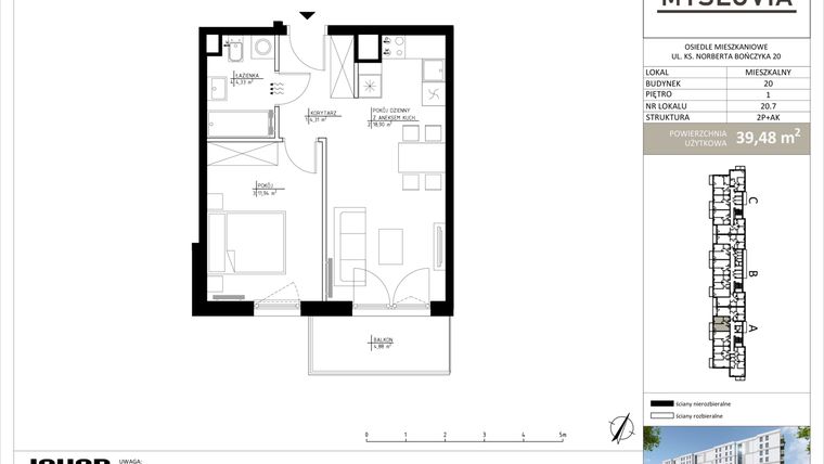 Rzut - Mieszkanie na sprzedaż 2 pokoje o powierzchni 39,48 m² - numer M.LM.20.7 w Myslovia