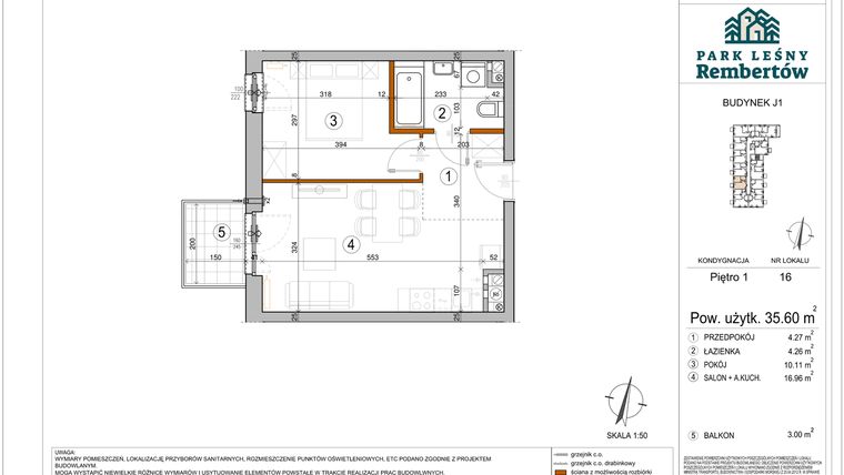 Rzut - Mieszkanie na sprzedaż 2 pokoje o powierzchni 35,6 m² - numer J1-16 w Park Leśny Rembertów etap VIII