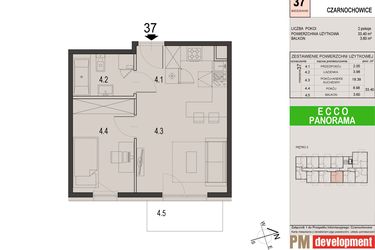 Rzut - Mieszkanie na sprzedaż 2 pokoje o powierzchni 33,4 m² - numer 37C w Ecco Panorama etap II budynki C, D