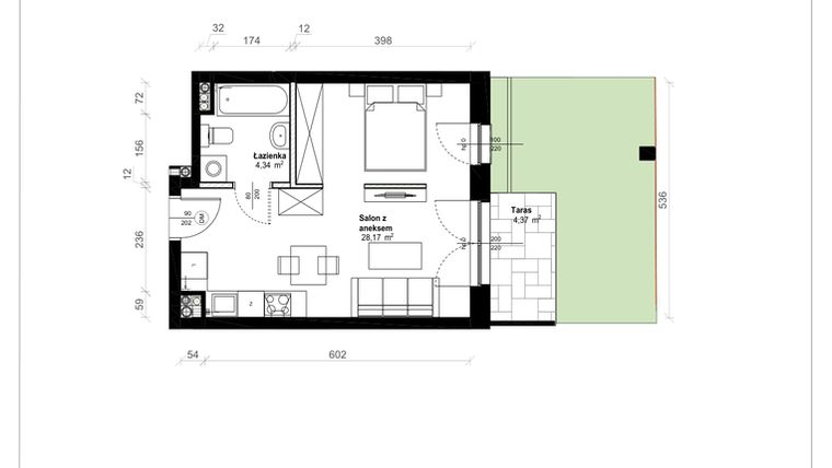 Rzut - Mieszkanie na sprzedaż 1 pokój o powierzchni 32,51 m² - numer B.0.12.1a w ATRIUM