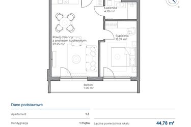 Rzut - Mieszkanie na sprzedaż 2 pokoje o powierzchni 44,78 m² - numer B.1.3 w Anchoria Holiday