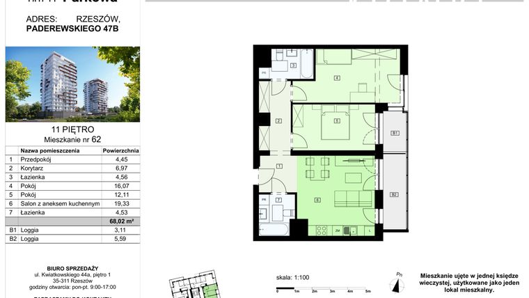 Rzut - Mieszkanie na sprzedaż 3 pokoje o powierzchni 68,02 m² - numer 62/B7 w Dzielnica Parkowa VII
