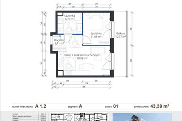 Rzut - Mieszkanie na sprzedaż 2 pokoje o powierzchni 43,39 m² - numer A 1.2 w Nowe Zabłocie