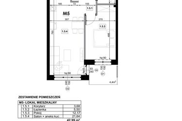 Rzut - Mieszkanie na sprzedaż 2 pokoje o powierzchni 42,99 m² - numer M5 w Miejska Premium II