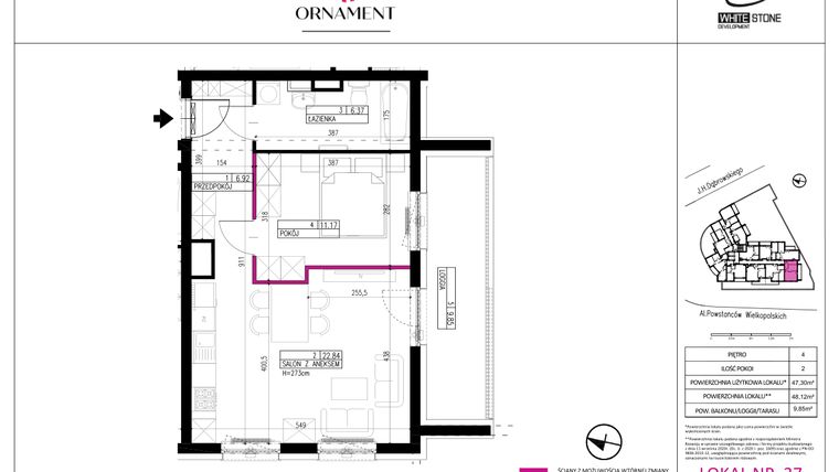 Rzut - Mieszkanie na sprzedaż 2 pokoje o powierzchni 47,3 m² - numer 37 w Ornament
