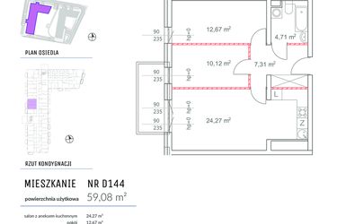 Rzut - Mieszkanie na sprzedaż 3 pokoje o powierzchni 59,08 m² - numer D144 w Osiedle Impresja 2