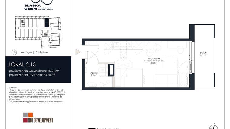 Rzut - Mieszkanie na sprzedaż 1 pokój o powierzchni 25,61 m² - numer 2.13 w Śląska Osiem
