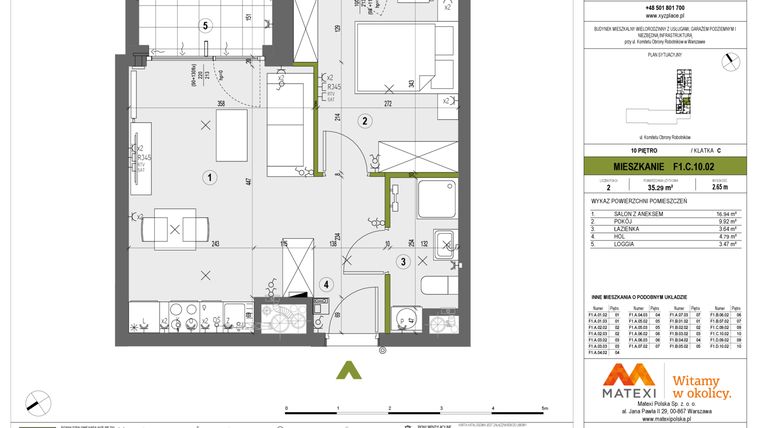 Rzut - Mieszkanie na sprzedaż 2 pokoje o powierzchni 35,29 m² - numer F1.C.10.02 w XYZ Place