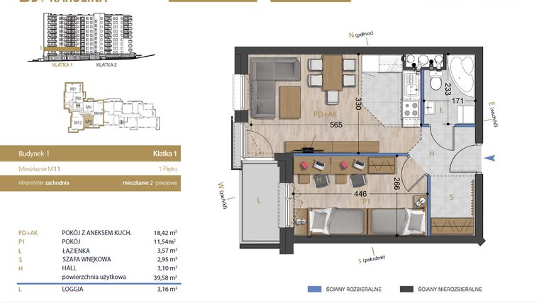 Rzut - Mieszkanie na sprzedaż 2 pokoje o powierzchni 39,58 m² - numer 11 w Osiedle Dakar Karolina