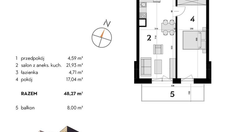 Rzut - Mieszkanie na sprzedaż 2 pokoje o powierzchni 48,27 m² - numer OK-35 w OKI DOKI