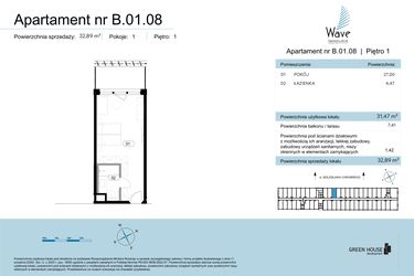 Rzut - Mieszkanie na sprzedaż 1 pokój o powierzchni 32,89 m² - numer B.01.08 w Wave Świnoujście Thermal & Spa