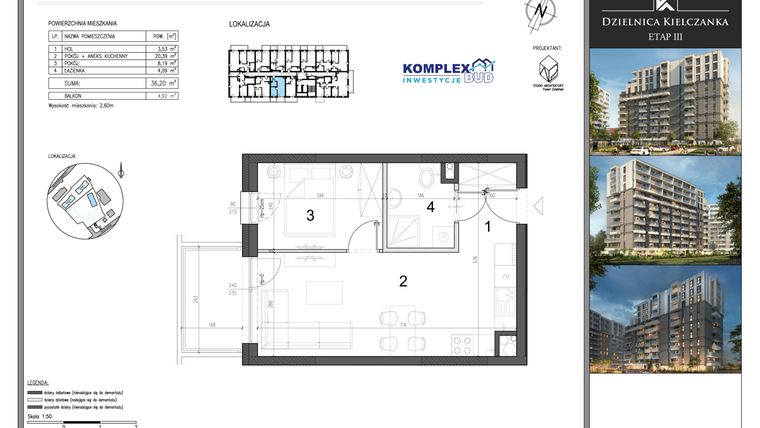 Rzut - Mieszkanie na sprzedaż 1 pokój o powierzchni 36,2 m² - numer M13 w Dzielnica Kielczanka etap III