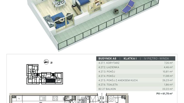 Rzut - Mieszkanie na sprzedaż 3 pokoje o powierzchni 61,7 m² - numer A.8.M27 w Sobola Biel A8