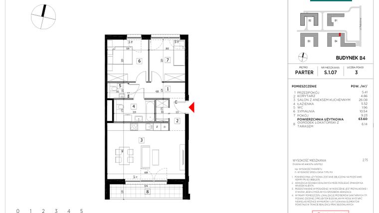 Rzut - Mieszkanie na sprzedaż 3 pokoje o powierzchni 63,6 m² - numer S.1.07 w CityFlow etap II