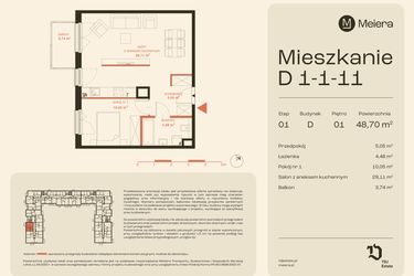 Rzut - Mieszkanie na sprzedaż 2 pokoje o powierzchni 48,7 m² - numer D1-1-11 w Osiedle Meiera